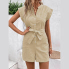 Striped Notched Tie Waist Romper - VacationGrabs