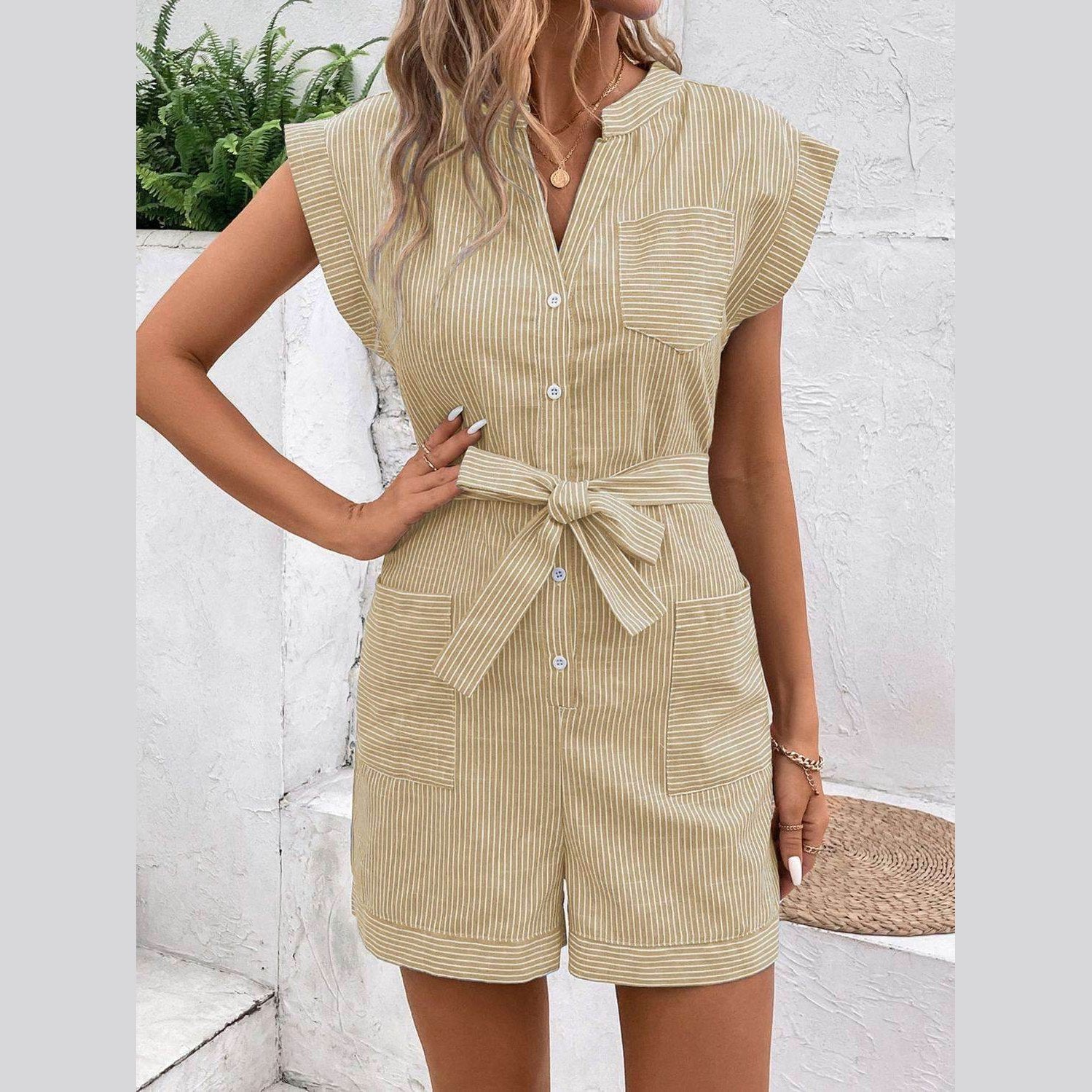 Striped Notched Tie Waist Romper - VacationGrabs