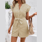 Striped Notched Tie Waist Romper - VacationGrabs