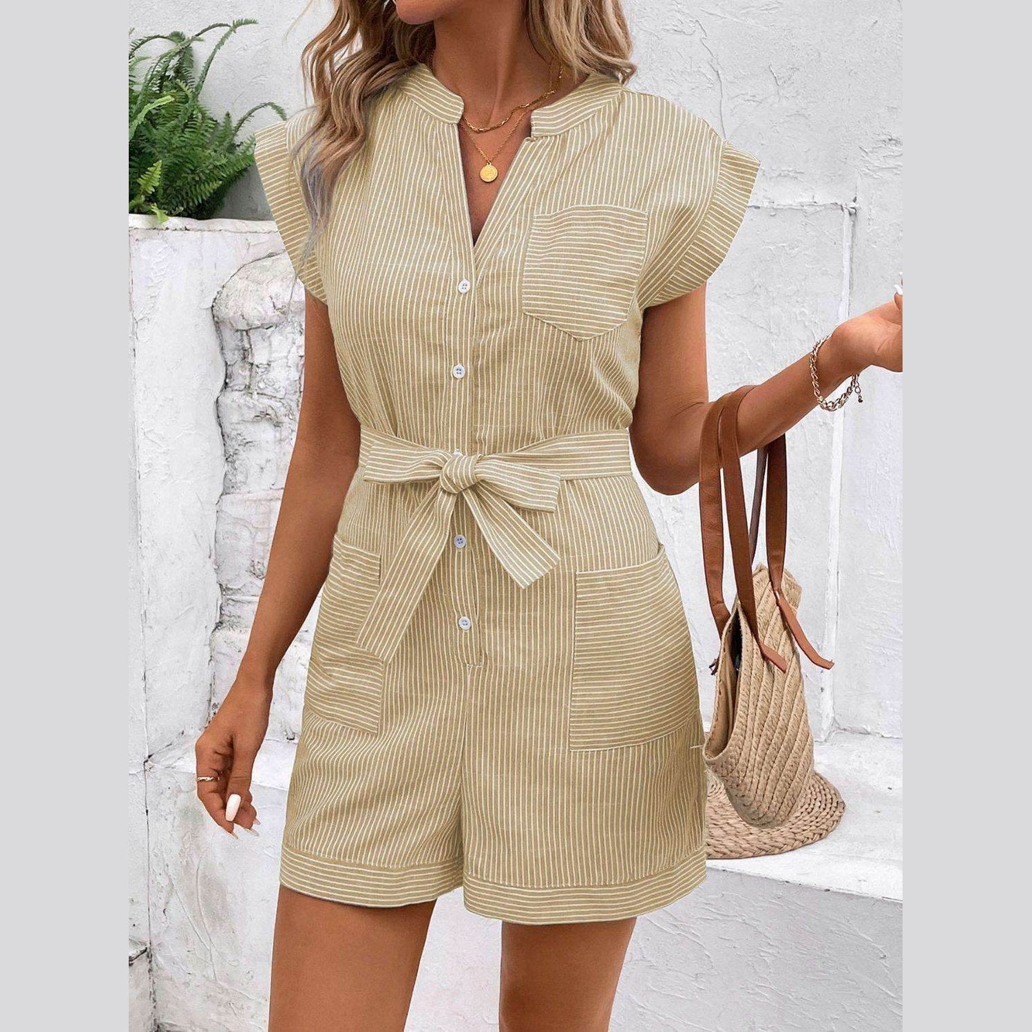 Striped Notched Tie Waist Romper - VacationGrabs
