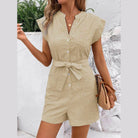 Striped Notched Tie Waist Romper - VacationGrabs