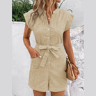 Striped Notched Tie Waist Romper - VacationGrabs