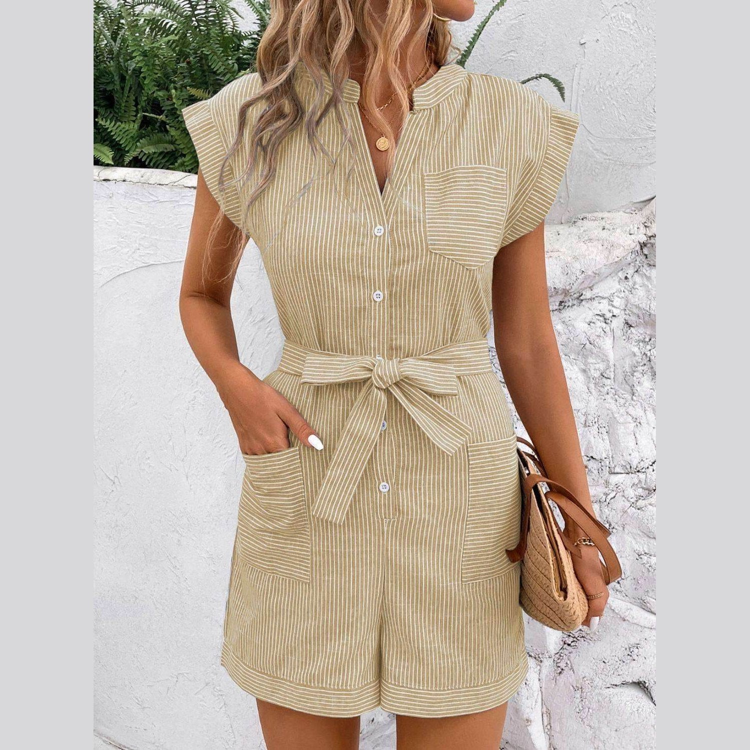 Striped Notched Tie Waist Romper - VacationGrabs