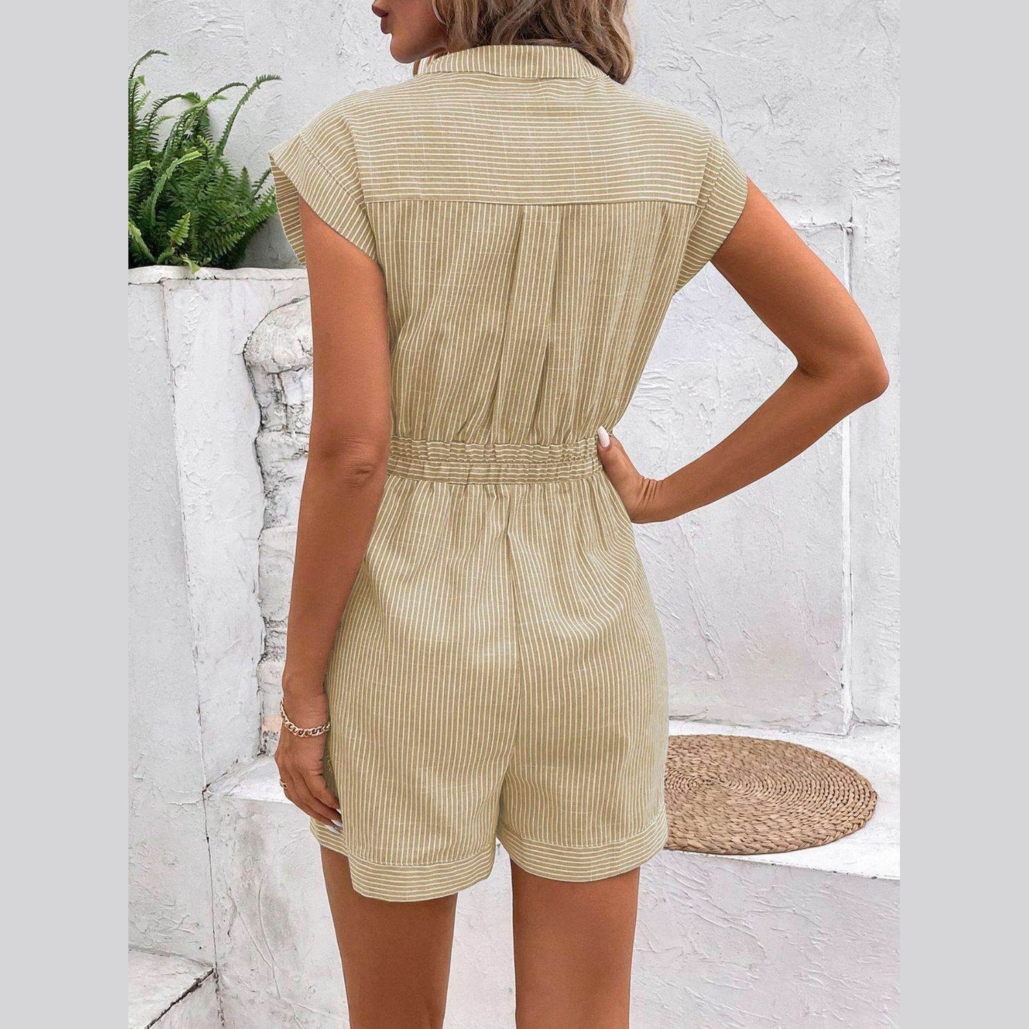 Striped Notched Tie Waist Romper - VacationGrabs