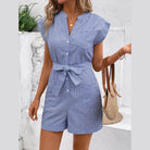Striped Notched Tie Waist Romper - VacationGrabs