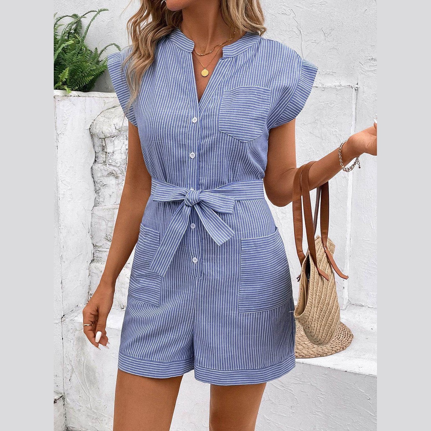 Striped Notched Tie Waist Romper - VacationGrabs