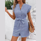 Striped Notched Tie Waist Romper - VacationGrabs