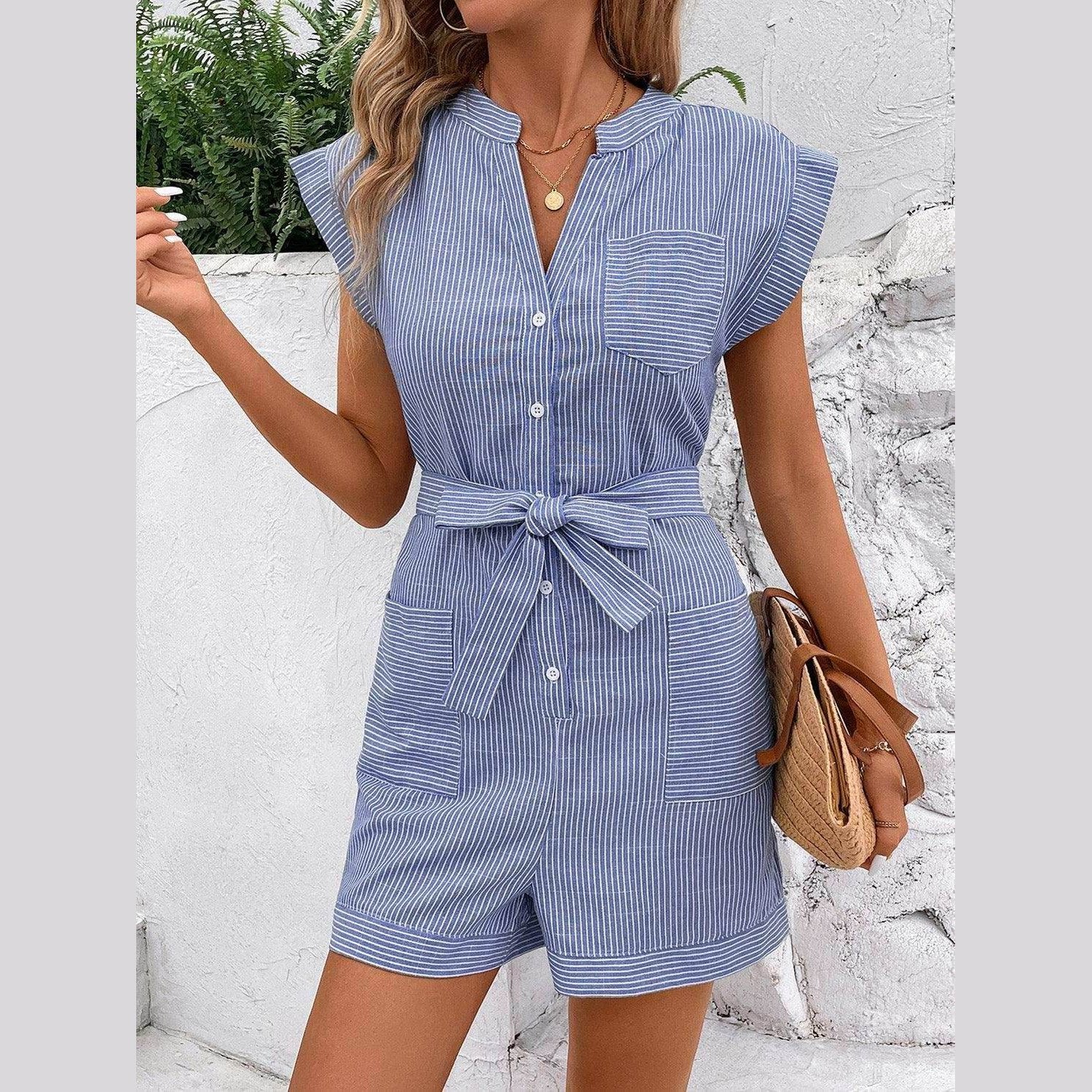 Striped Notched Tie Waist Romper - VacationGrabs