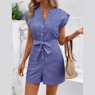 Striped Notched Tie Waist Romper - VacationGrabs