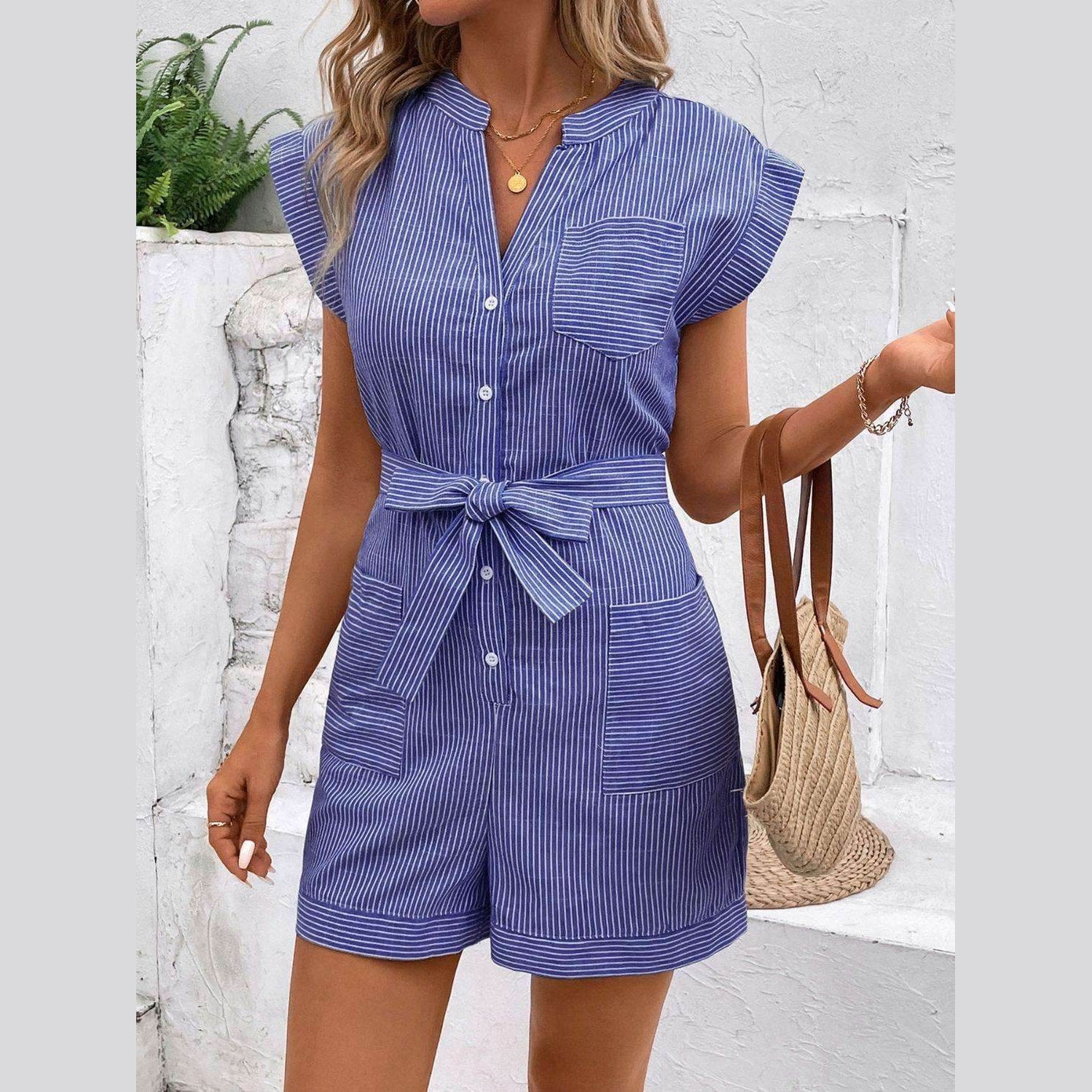 Striped Notched Tie Waist Romper - VacationGrabs