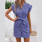 Striped Notched Tie Waist Romper - VacationGrabs