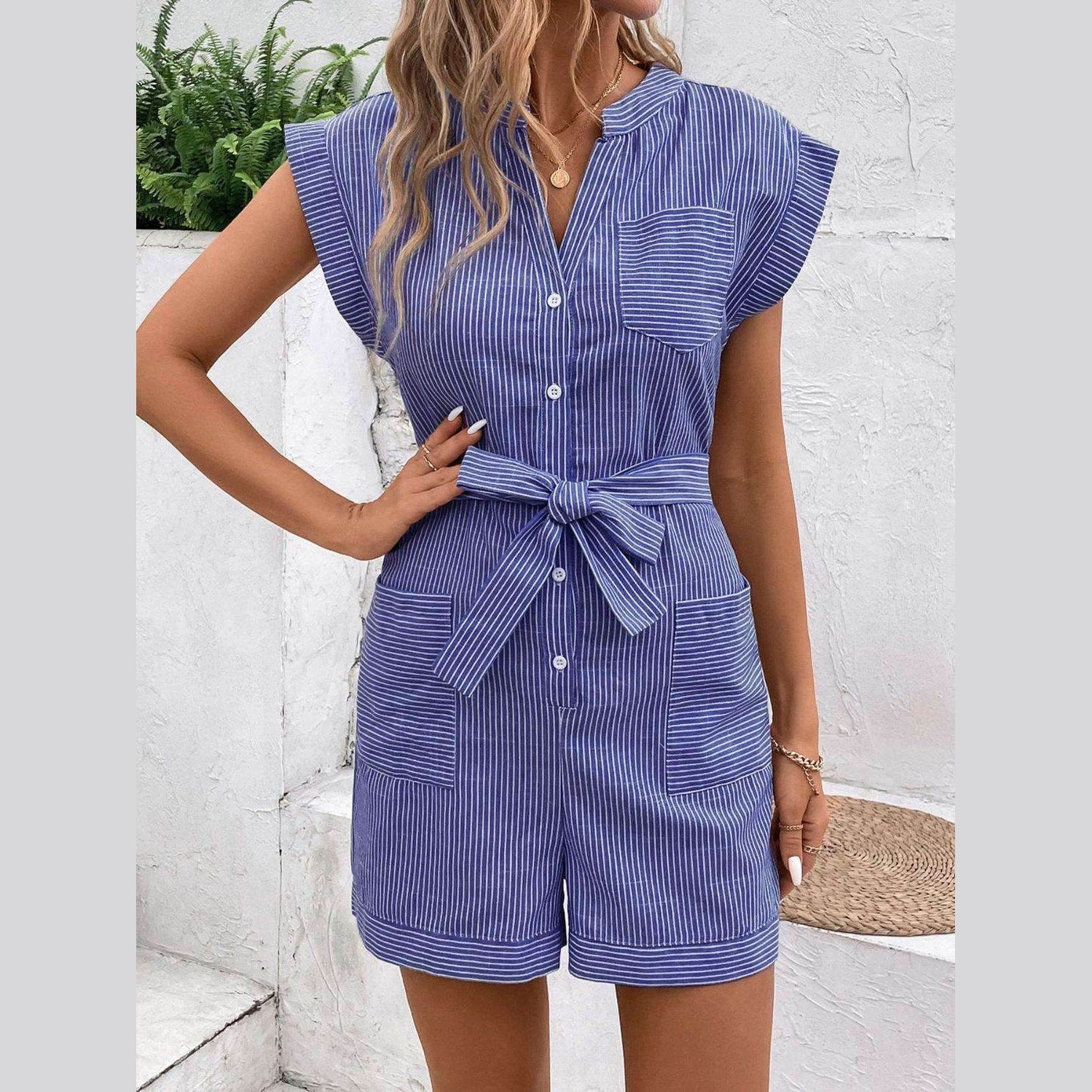 Striped Notched Tie Waist Romper - VacationGrabs