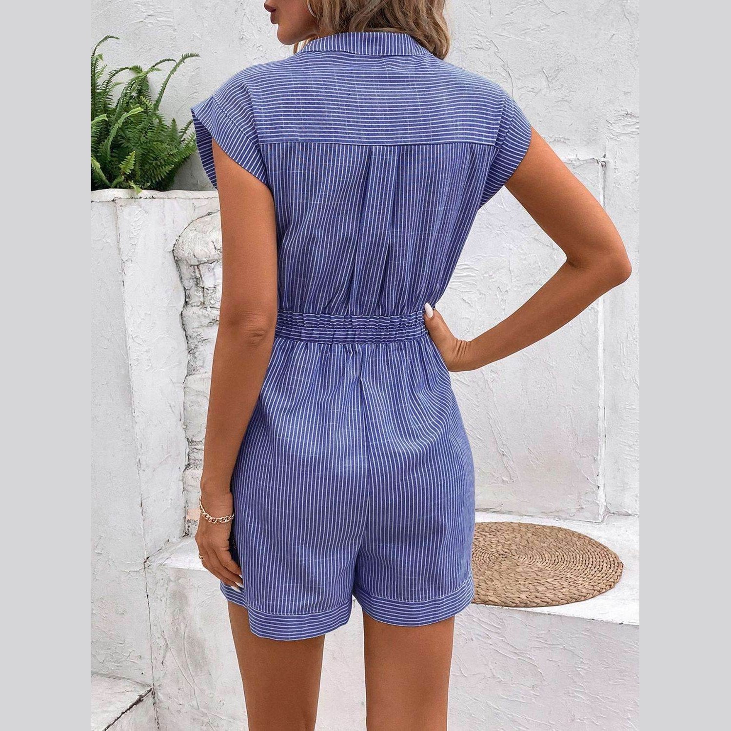 Striped Notched Tie Waist Romper - VacationGrabs