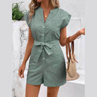 Striped Notched Tie Waist Romper - VacationGrabs