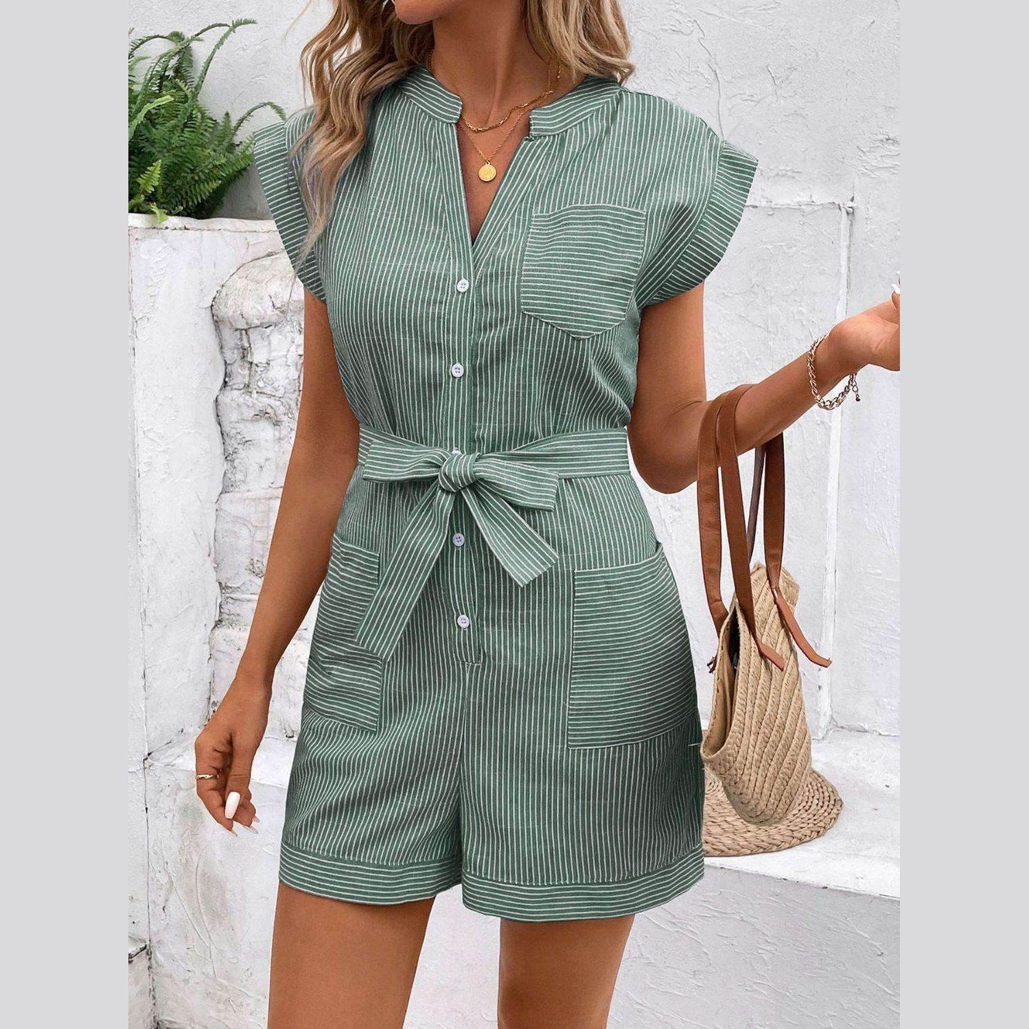 Striped Notched Tie Waist Romper - VacationGrabs