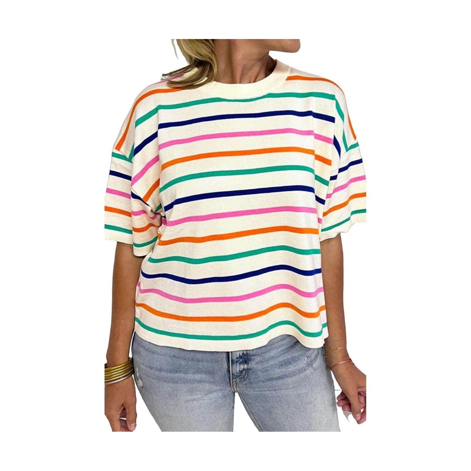 Striped Round Neck Half Sleeve Knit Top - VacationGrabs