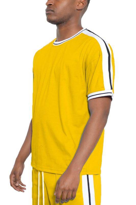 Striped Tape Short Sleeve Crew Neck Tshirt - VacationGrabs