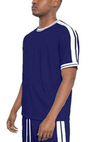 Striped Tape Short Sleeve Crew Neck Tshirt - VacationGrabs
