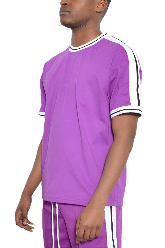 Striped Tape Short Sleeve Crew Neck Tshirt - VacationGrabs