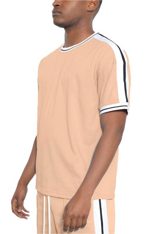 Striped Tape Short Sleeve Crew Neck Tshirt - VacationGrabs