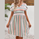 Striped V-Neck Short Sleeve Dress - VacationGrabs