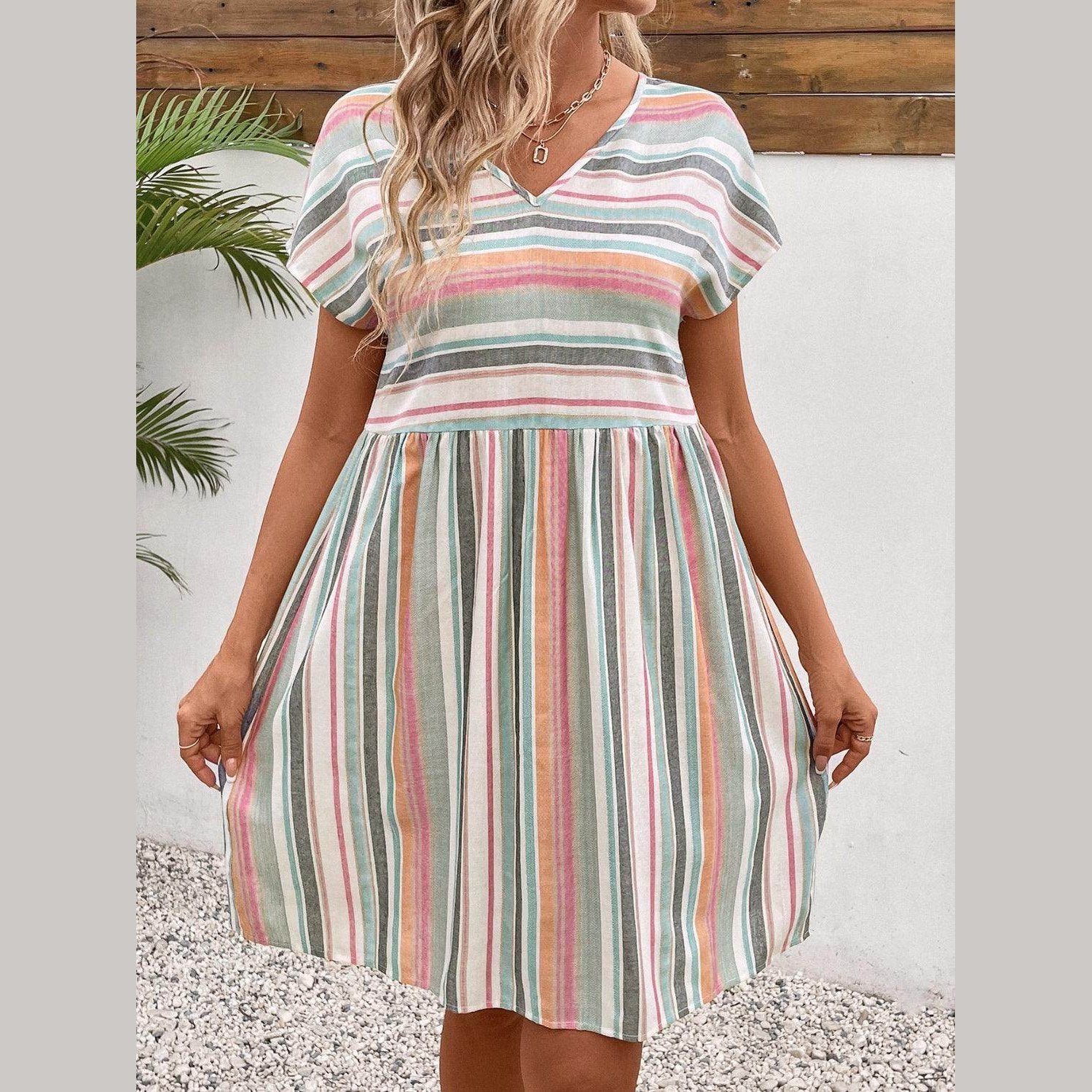 Striped V-Neck Short Sleeve Dress - VacationGrabs