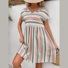 Striped V-Neck Short Sleeve Dress - VacationGrabs