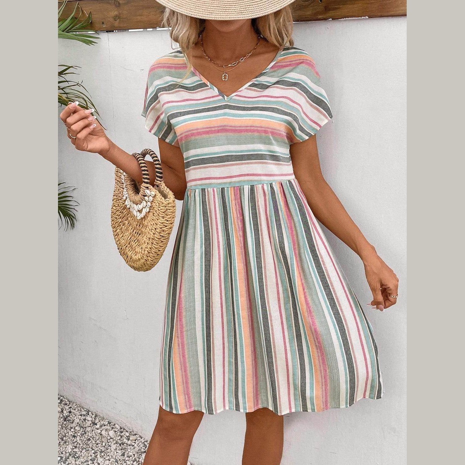 Striped V-Neck Short Sleeve Dress - VacationGrabs