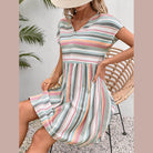 Striped V-Neck Short Sleeve Dress - VacationGrabs