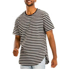 Men's striped vacation shirts for men in black and white with a relaxed fit and side slits