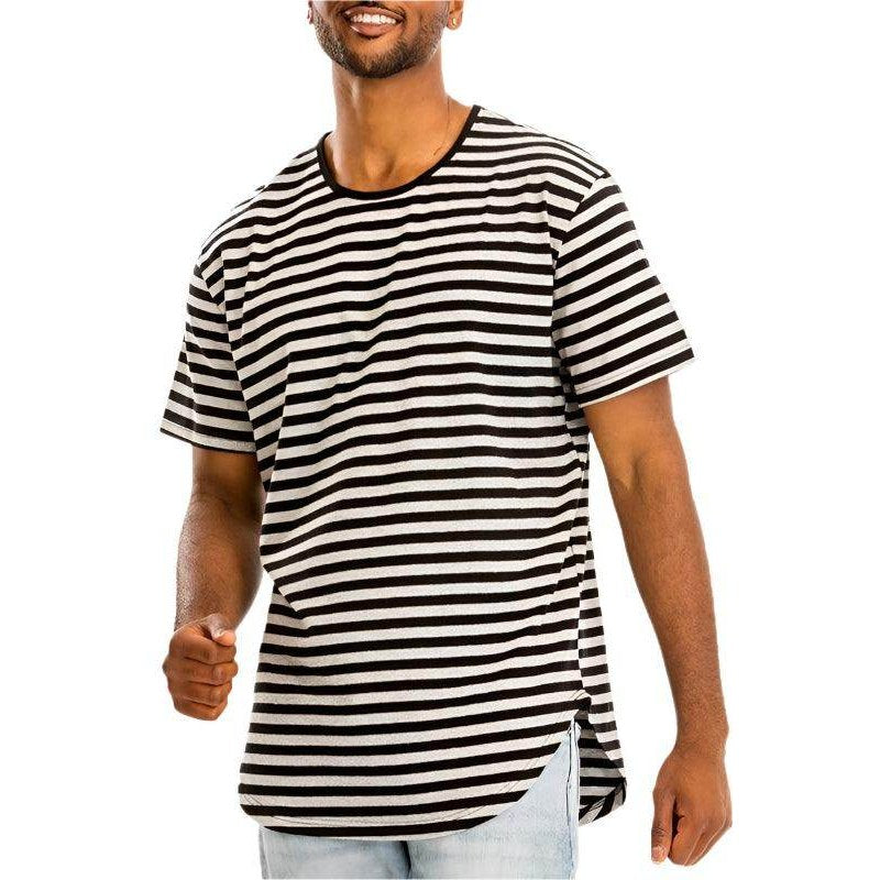 Men's striped vacation shirts for men in black and white with a relaxed fit and side slits