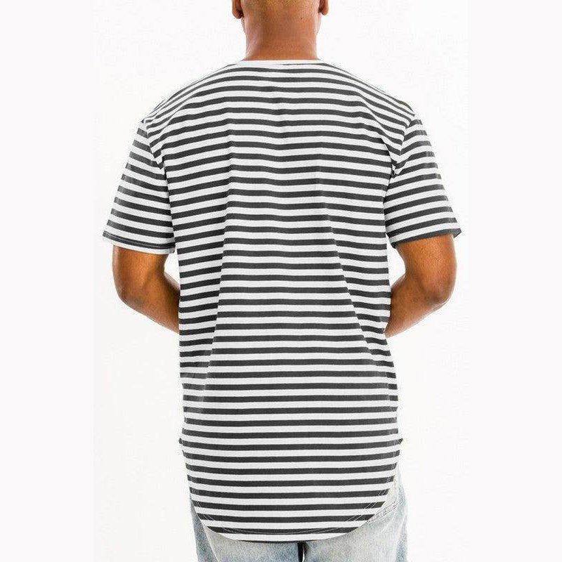 Back view of a men's shirt featuring horizontal stripes, ideal as striped vacation shirts for men