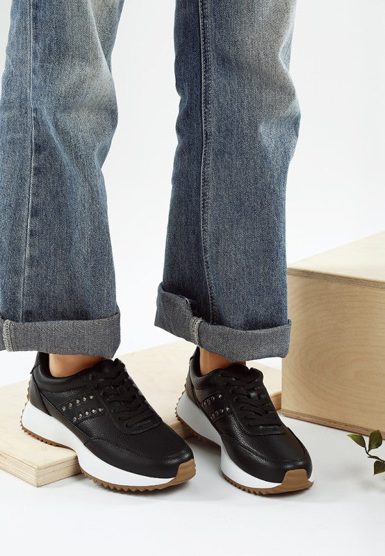 Women's black studded real leather sneakers for casual outings