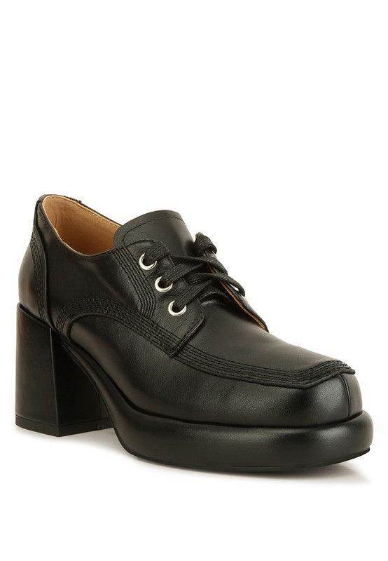 Rag Company stylish block heel shoes in black leather with lace-up design for trendy looks