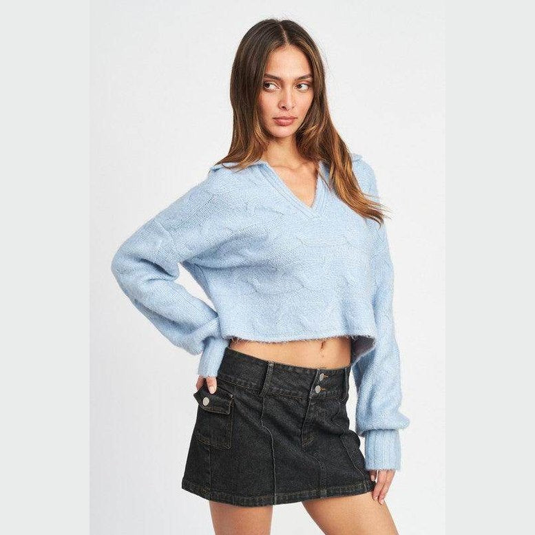 Emory Park stylish cableknit sweater in light blue featuring a cropped design and V-neckline
