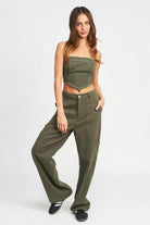 Emory Park stylish cargo pants for travel in olive green, featuring wide legs and practical pockets