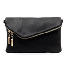 Fashion World stylish handbag for vacation featuring a sleek black design and gold zipper accents