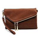 Brown leather stylish handbag for vacation with zip closure and detachable wrist strap
