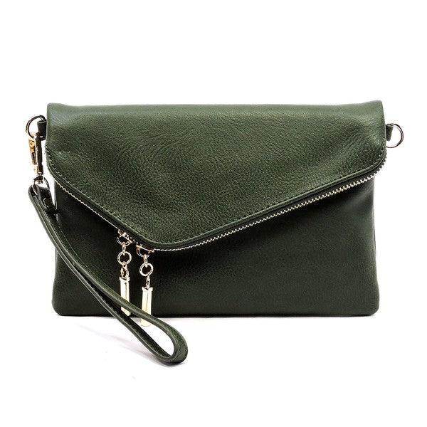 Fashion World stylish handbag for vacation in deep green leather with a zip and wrist strap