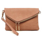 Fashion World stylish handbag for vacation with a zipper and wrist strap in light tan color