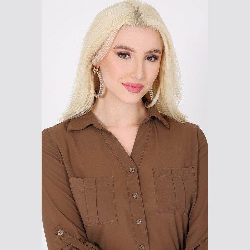 Model wearing stylish hoop earrings by Bella Chic with a chic brown button-up shirt
