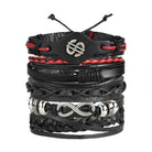 Stylish infinity symbol bracelet on layered black and red leather wristbands for men