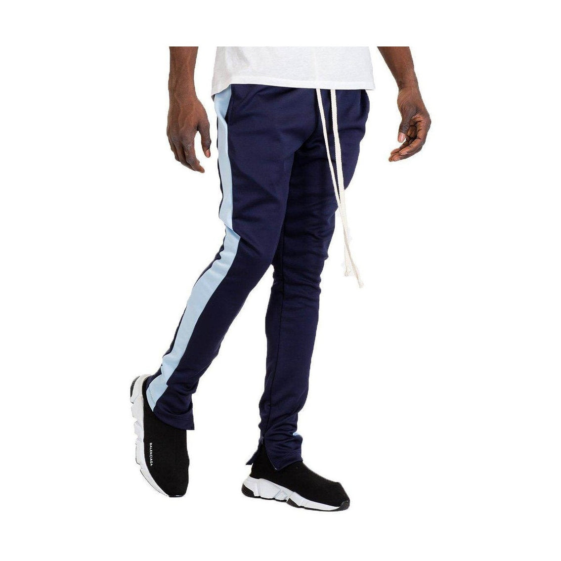 Navy stylish joggers for men with light blue stripes and adjustable drawstring waist