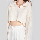 Emory Park stylish long sleeve crop shirt in cream with a collared neckline and knit texture