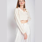Emory Park stylish long sleeve crop shirt in cream with a collared neckline and relaxed fit