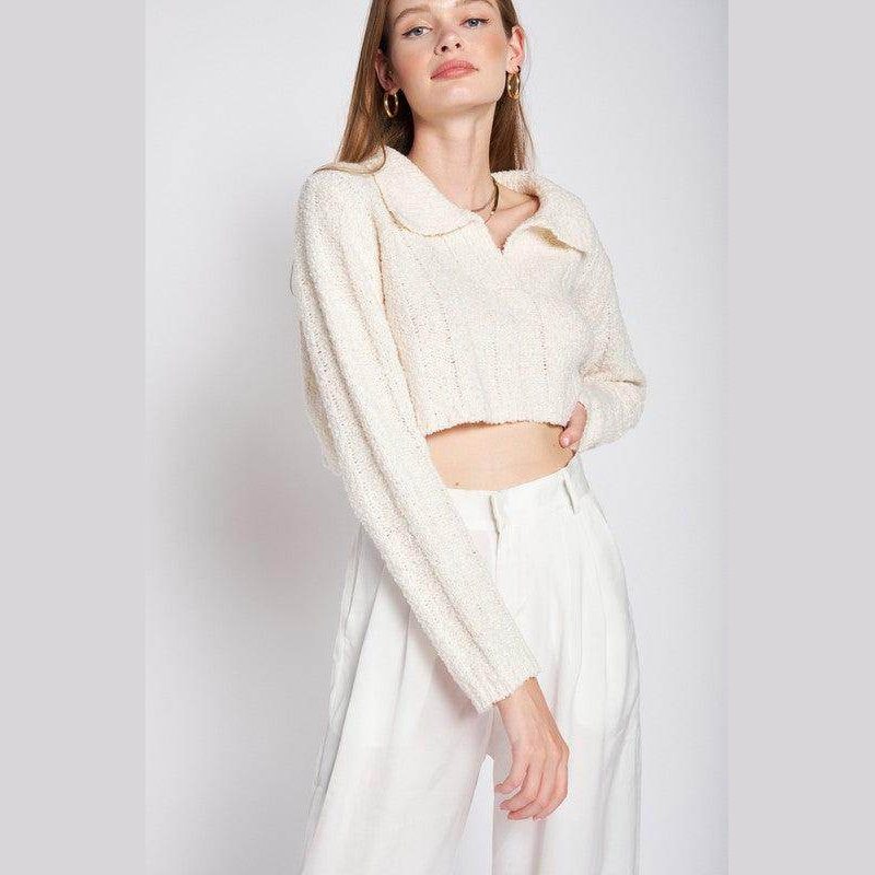 Emory Park stylish long sleeve crop shirt in cream with a collared neckline and relaxed fit