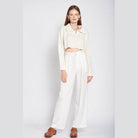 Emory Park stylish long sleeve crop shirt paired with wide-leg white trousers for a chic look