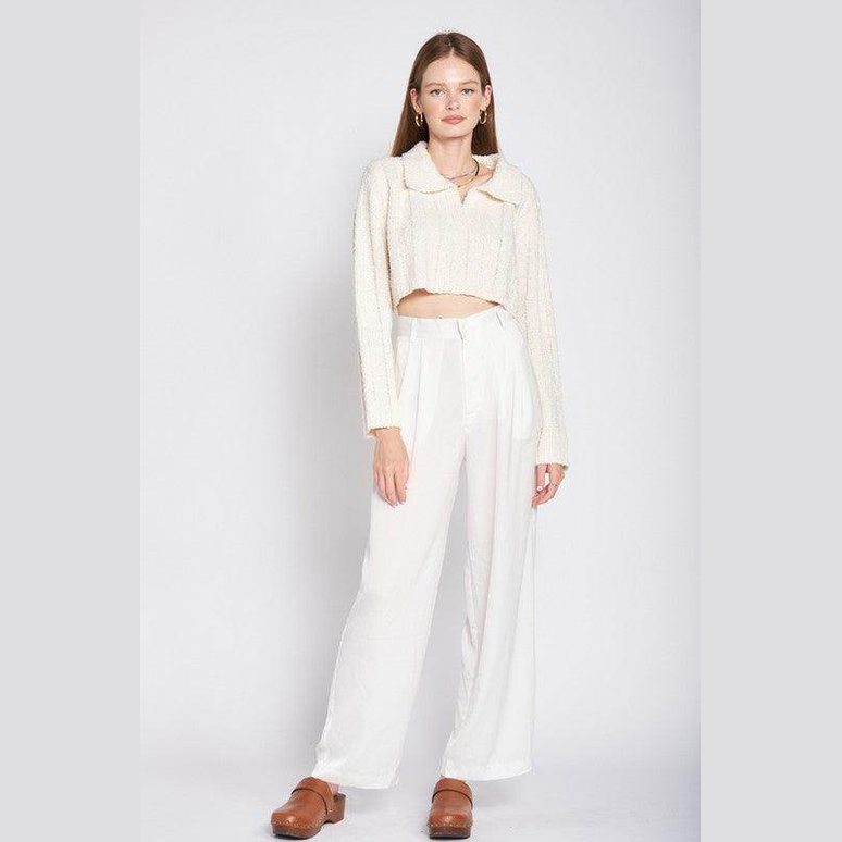 Emory Park stylish long sleeve crop shirt paired with wide-leg white trousers for a chic look