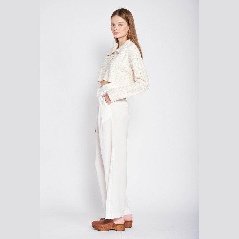 Emory Park stylish long sleeve crop shirt in cream paired with white high-waisted pants for a chic look