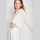 Emory Park stylish long sleeve crop shirt in cream with a collared neckline and textured fabric